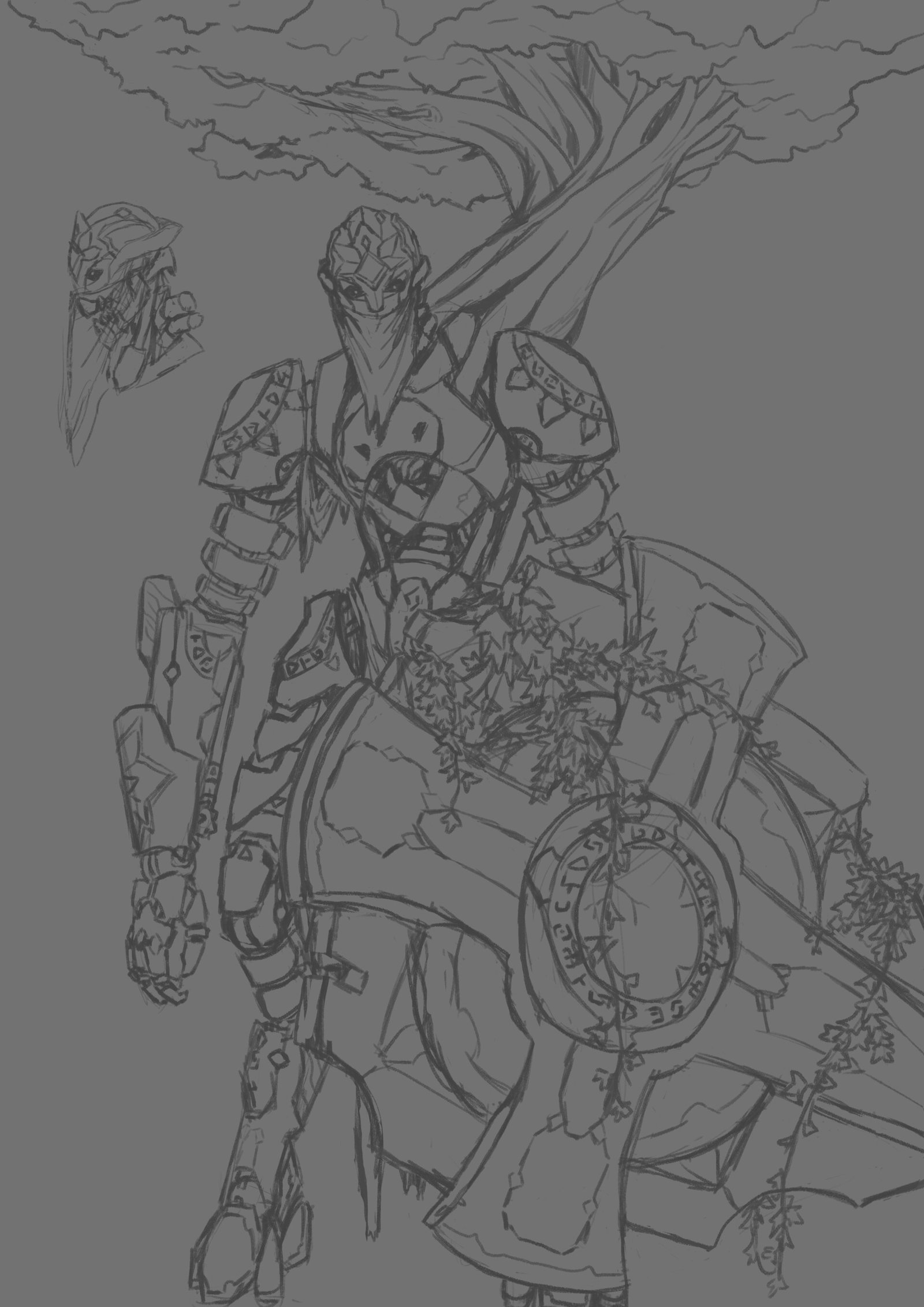 A character design sketch for an ancient robot, with it's shield.